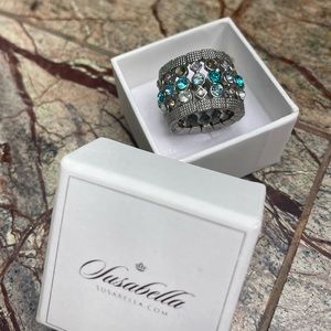 Brilliantly colored aqua, cobalt, teal and silver crystal/rhinestone ring.